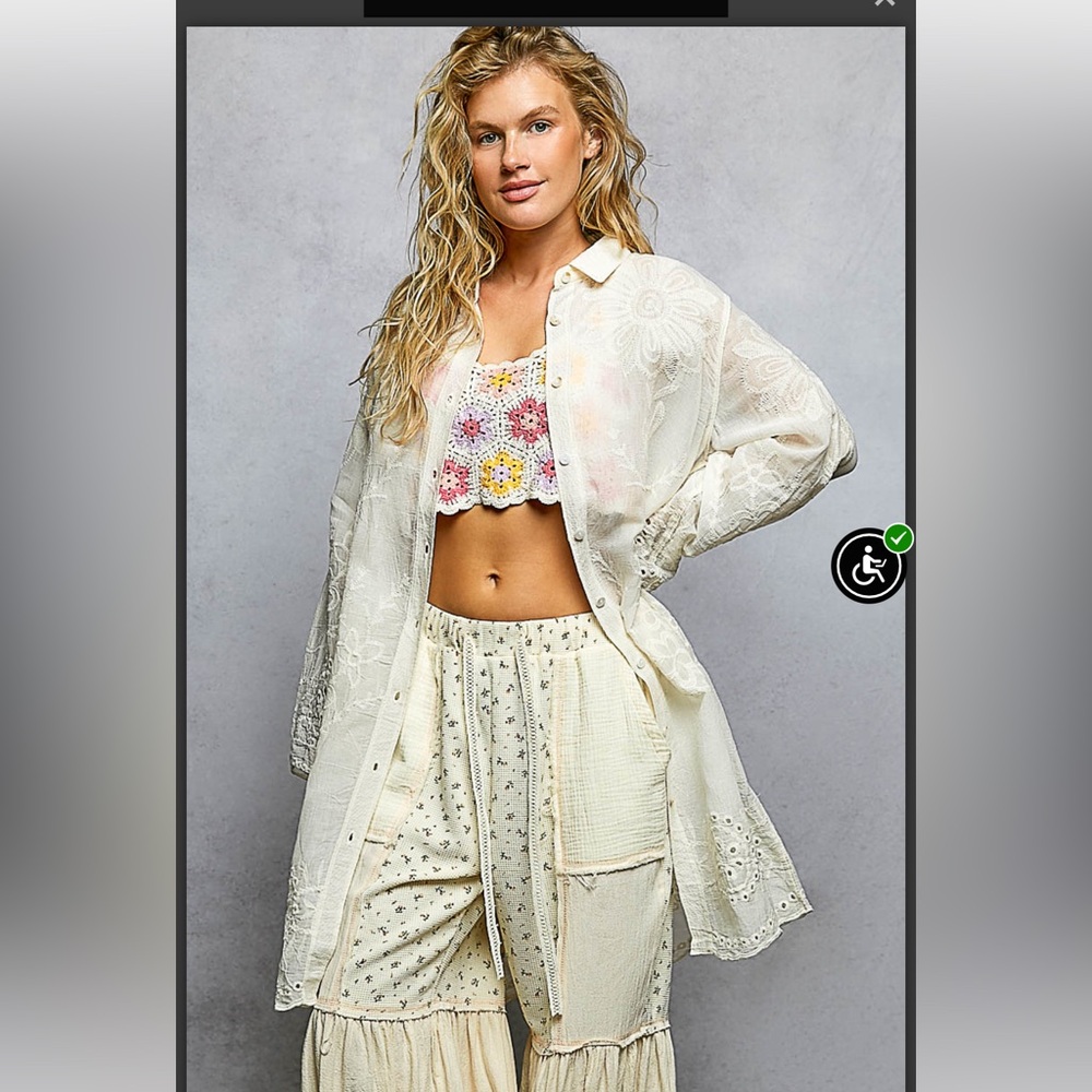 POL IVORY EMBROIDERED Long Sleeve Button up Cotton Shacket
